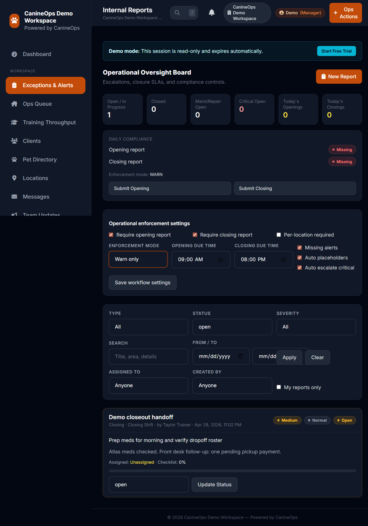 Demo reporting and next-step screen