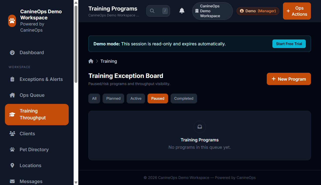 Training log with milestones and session outcomes